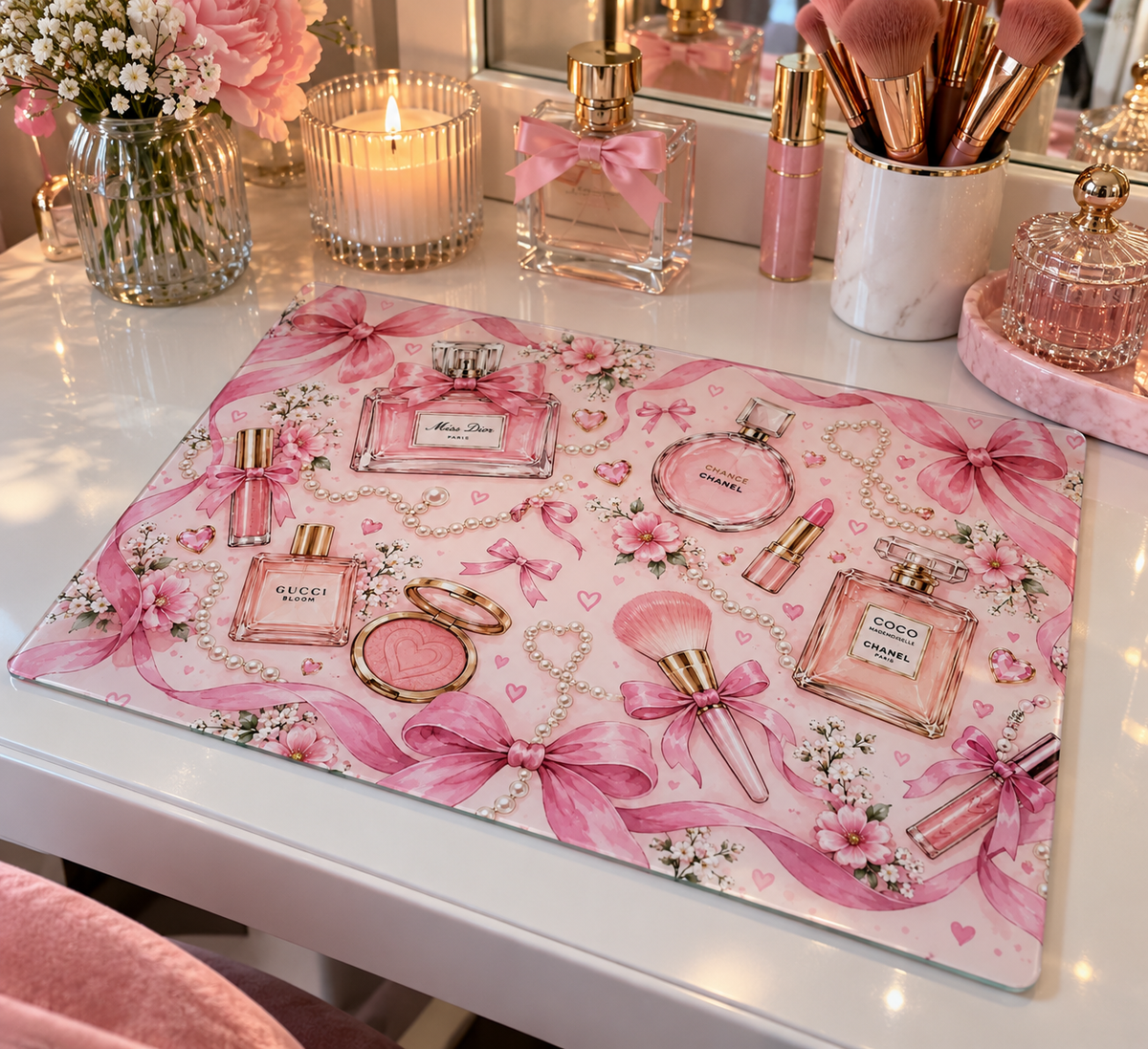 Pink bow & Perfume A4 Glass Vanity Board